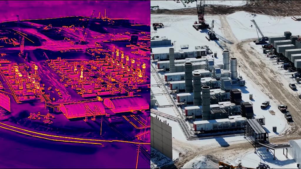 Two side by side images show an industrial complex with one infrared imagery