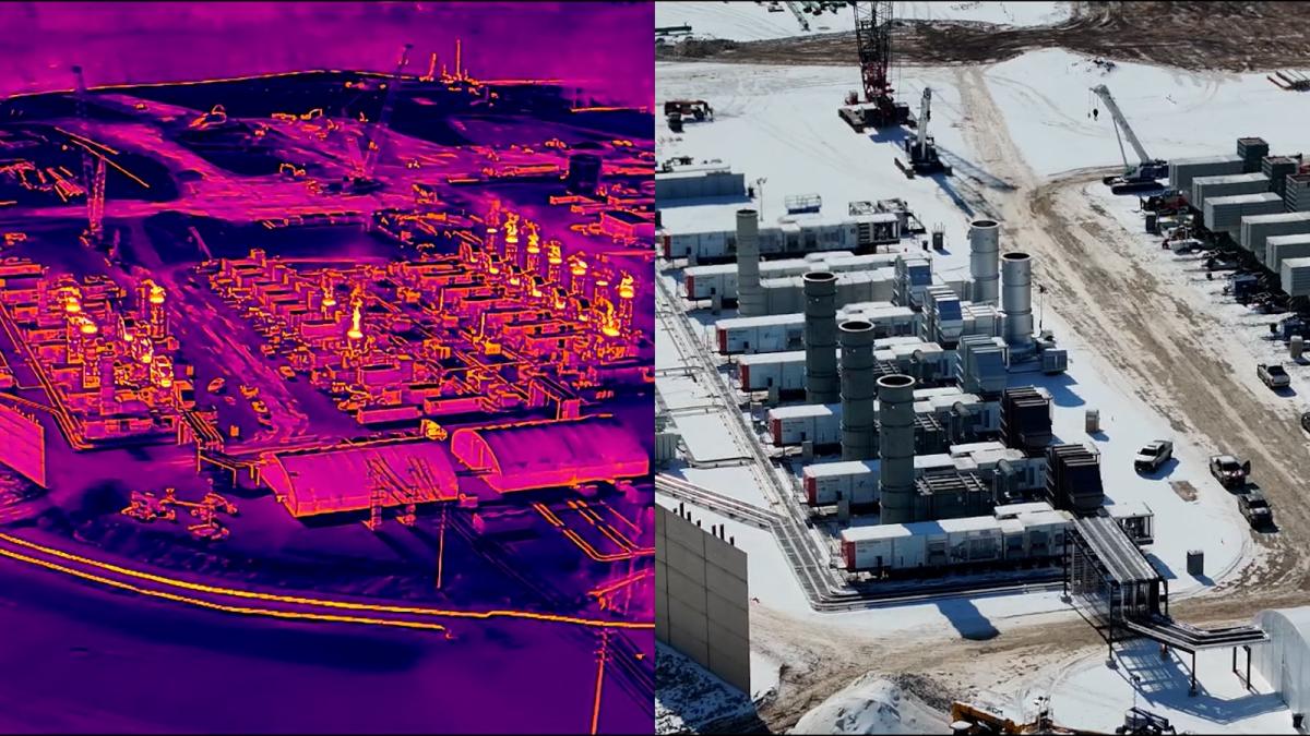 Two side by side images show an industrial complex with one infrared imagery
