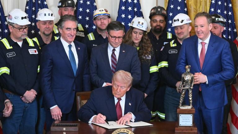 President Donald Trump is joined by EPA Administrator Lee Zeldin, Interior Secretary Doug Burgum, and House Speaker Mike Johnson as he signs an executive order to revive the coal industry. Trump has taken several steps in early February to shore up fossil fuels and cut climate regulations.
