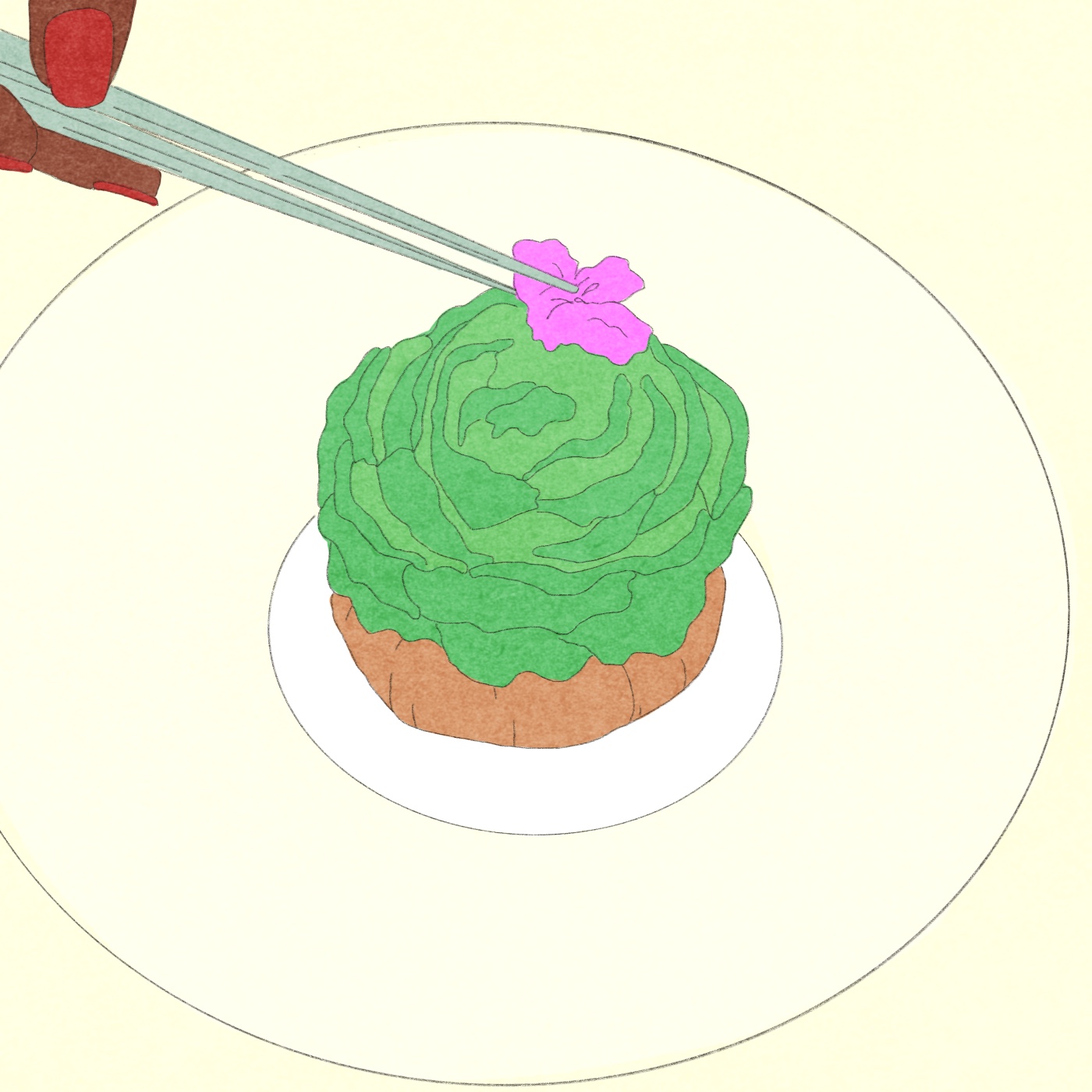 Illustration of chef placing flower on a delicate leafy dish with tweezers