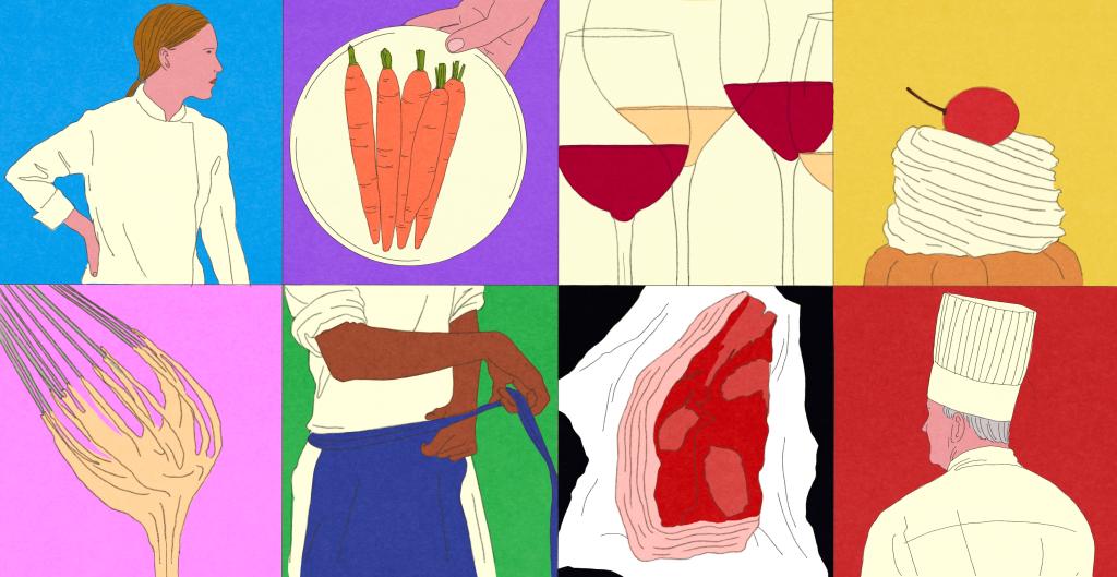 Illustration of chefs, plate of carrots, glasses of wine, pastry, and steak