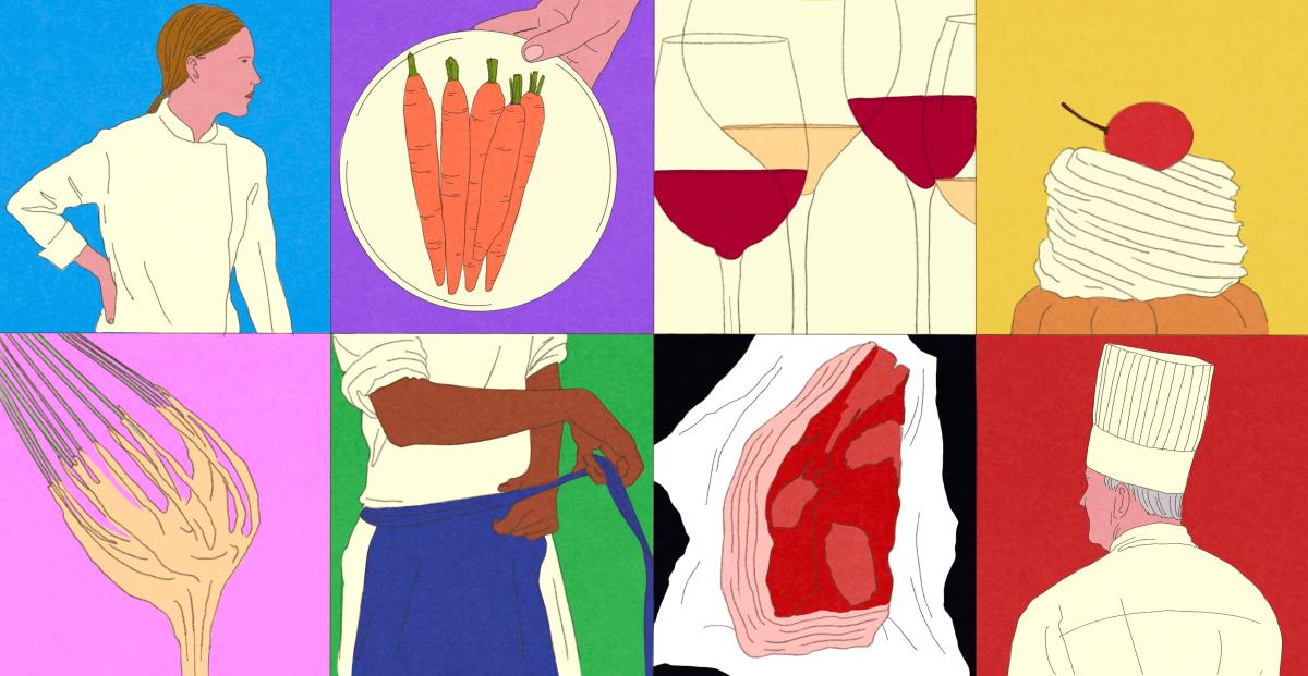 Illustration of chefs, plate of carrots, glasses of wine, pastry, and steak