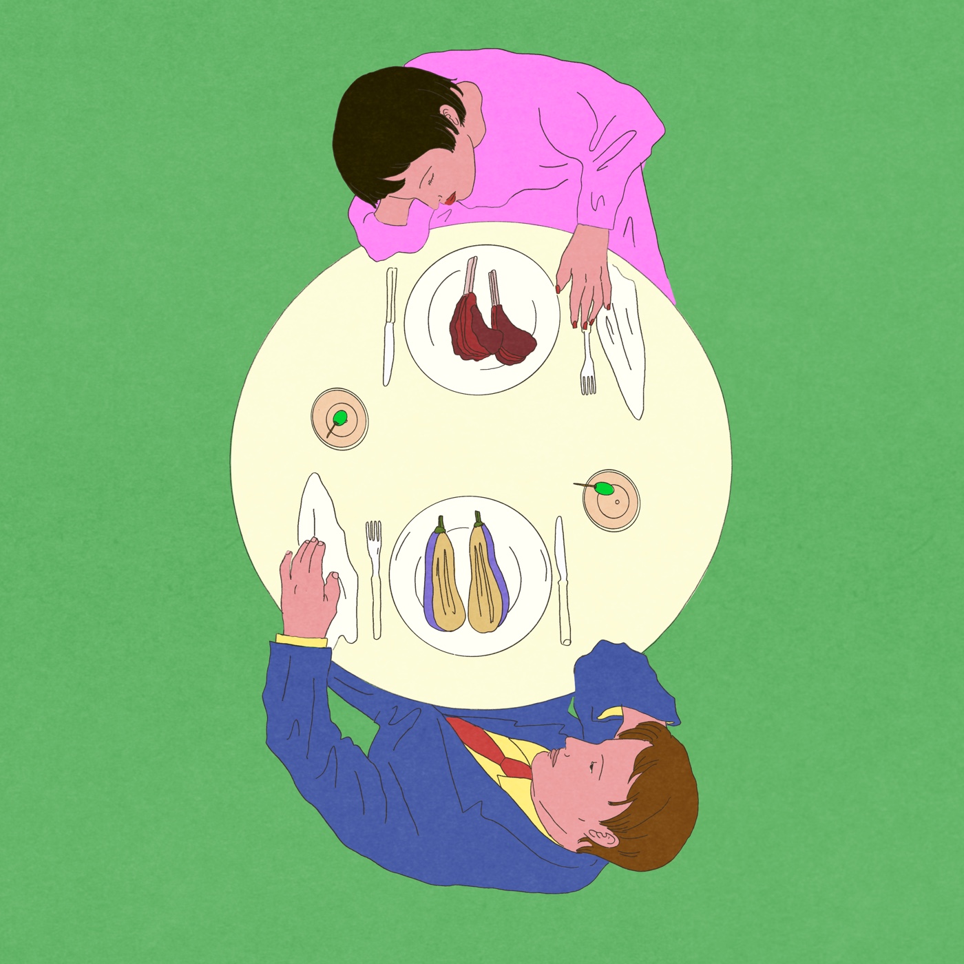 Illustration of two diners at a table looking contemplative