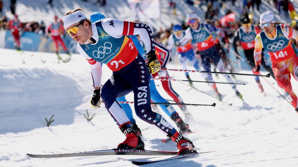 U.S. cross-country skier Ben Ogden competes in the men's team sprint free finals at the Milano Cortina 2026 Winter Olympic games.