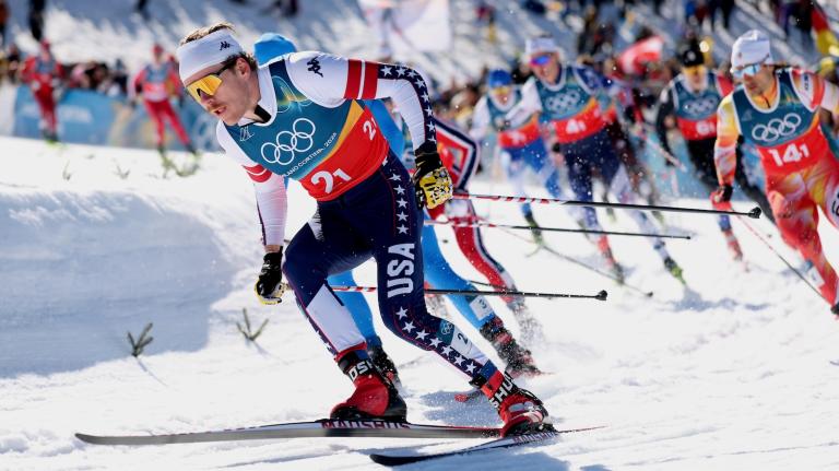 U.S. cross-country skier Ben Ogden competes in the men's team sprint free finals at the Milano Cortina 2026 Winter Olympic games.