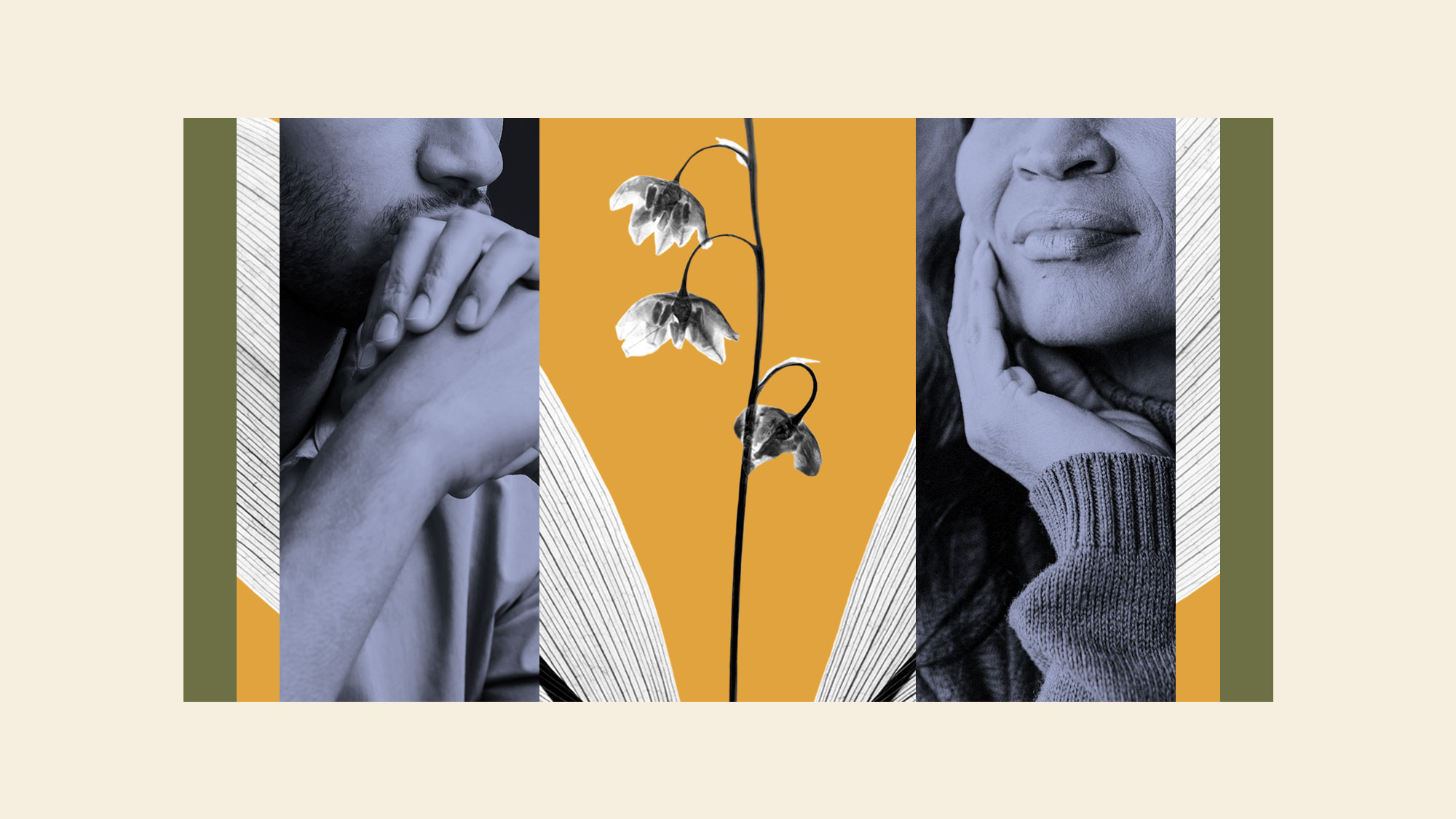 Collage of anxious, pensive people with flower in background