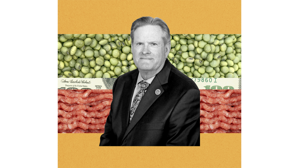 collage of a cutout of a man on top of a pattern of soybeans, a one hundred dollar bill, and ground beef
