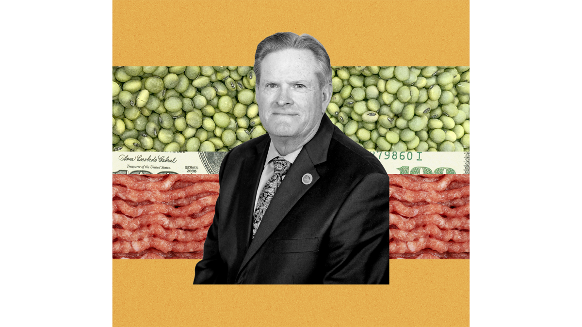 collage of a cutout of a man on top of a pattern of soybeans, a one hundred dollar bill, and ground beef