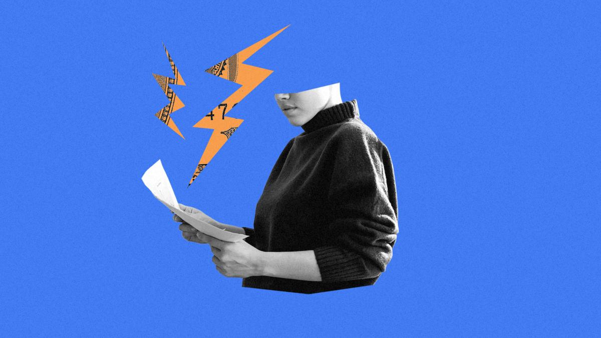 Person holding electric bill with orange lightning bolts sparking from it