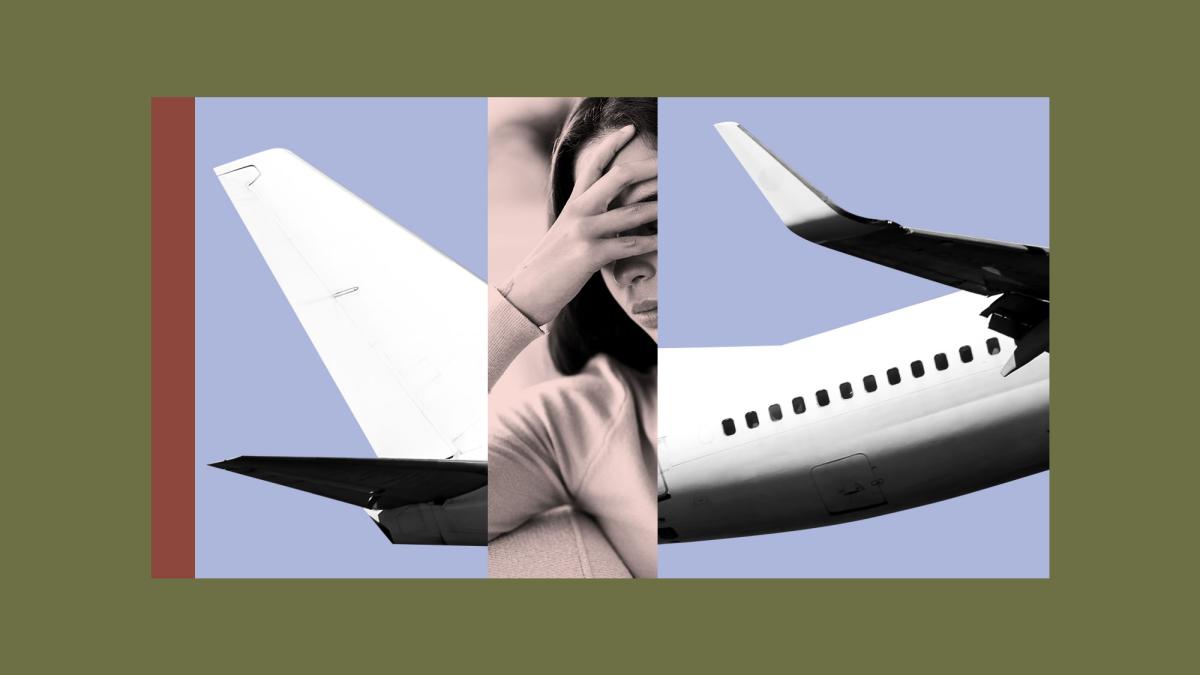 Collage of person looking upset with plane in background