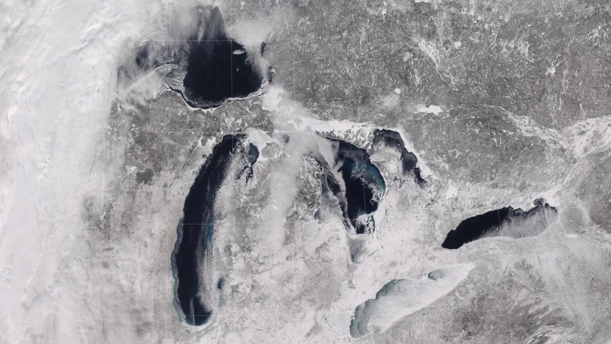 Satellite image of the Great Lakes, covered in snow and ice