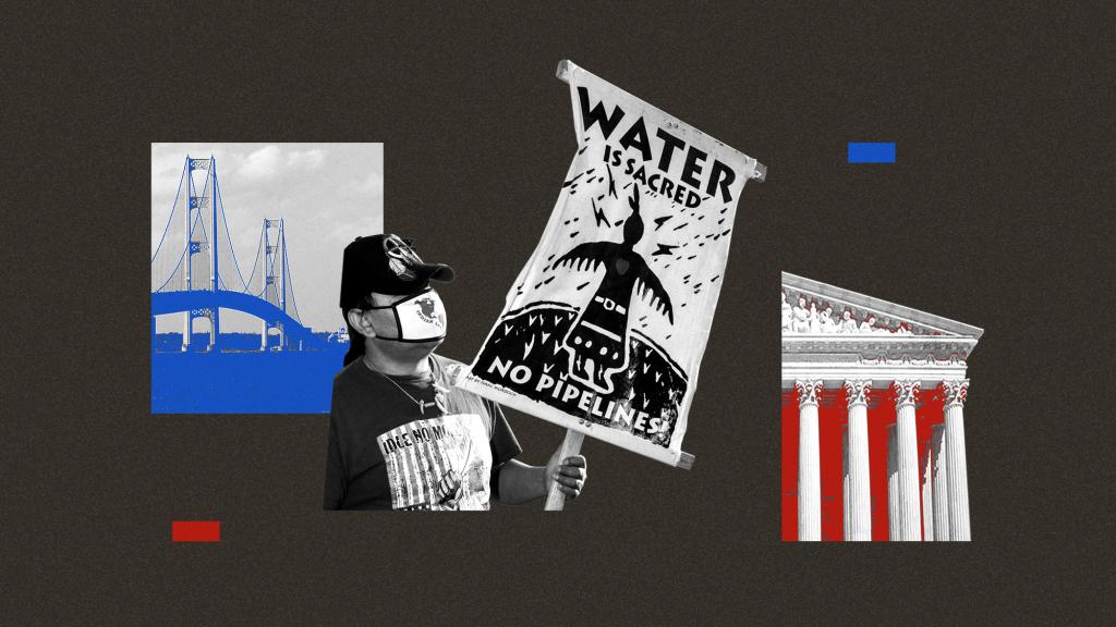 Collage of Mackinac Bridge, person holding Water is Sacred, No Pipelines sign, and Supreme Court building