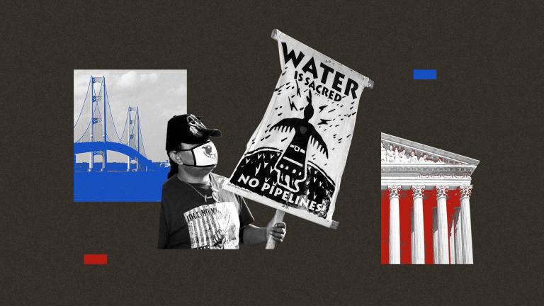 Collage of Mackinac Bridge, person holding Water is Sacred, No Pipelines sign, and Supreme Court building