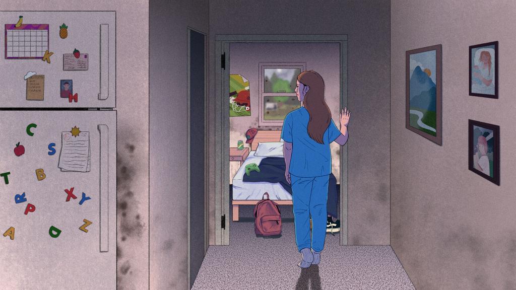 an illustration of a woman in scrubs standing in a mold damaged hallway looking into a child or tween's bedroom