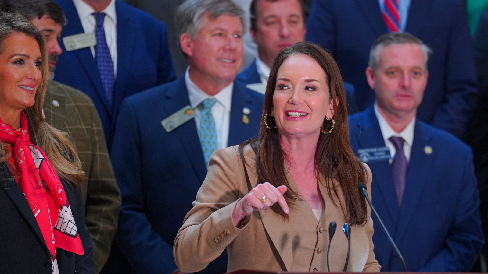 Secretary of Agriculture Brooke Rollins speaks at the Georgia Capitol to launch a grant program for Hurricane Helene recovery.
