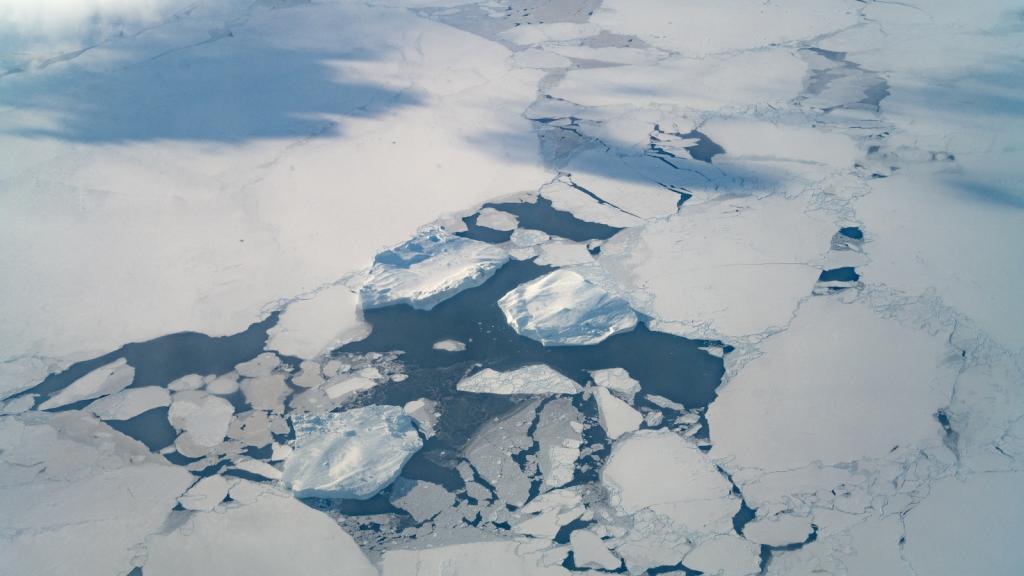 overhead view of sea ice floating in a bay near Greeland
