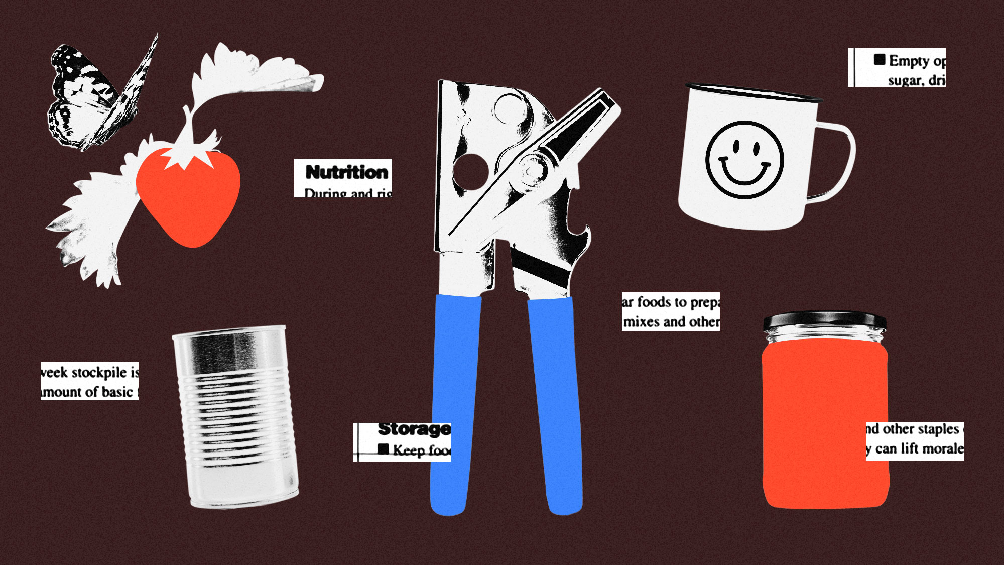 Collage of can opener, can, tomato jar, coffee mug, and butterfly beside a strawberry