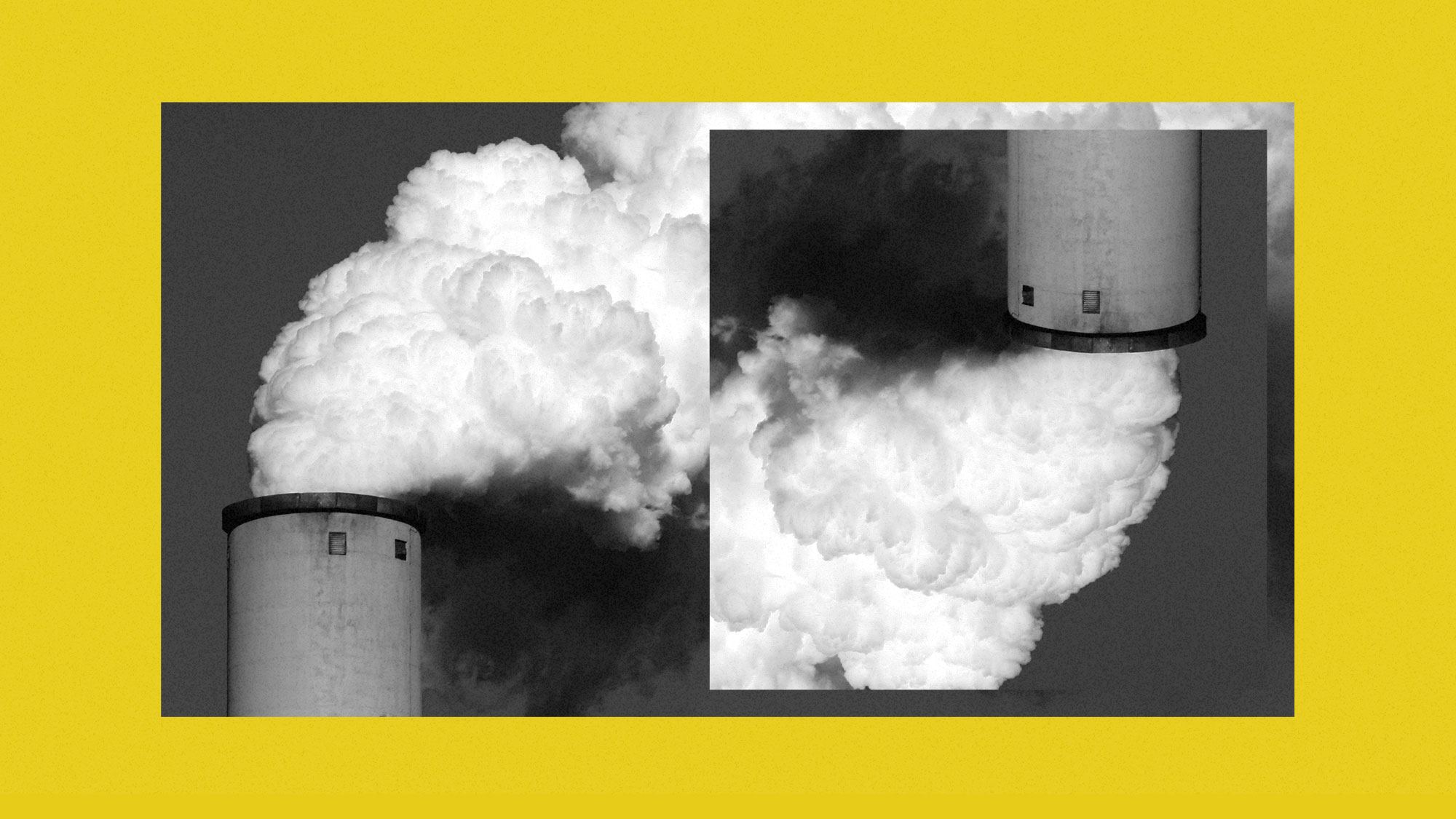 Collage of smokestack photo duplicated, and flipped upside down on a yellow background