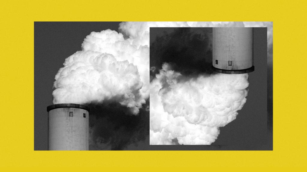Collage of smokestack photo duplicated, and flipped upside down on a yellow background