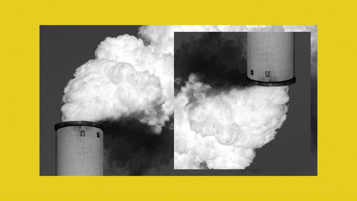 Collage of smokestack photo duplicated, and flipped upside down on a yellow background