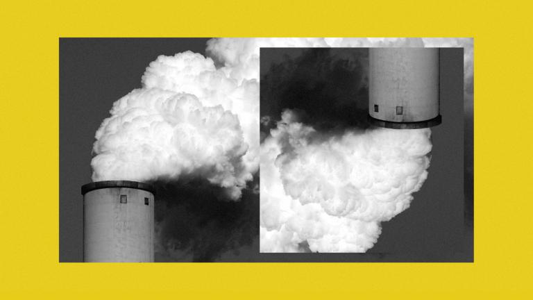 Collage of smokestack photo duplicated, and flipped upside down on a yellow background