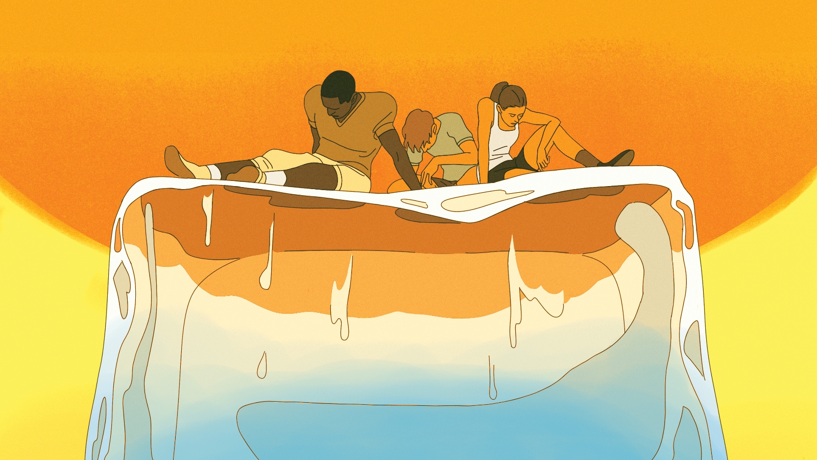 An illustration of several young people sitting on a block of ice