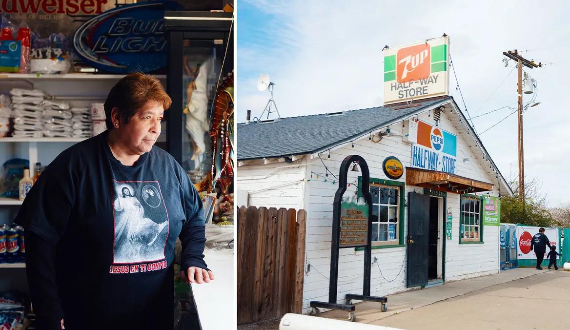 On left, a woman looks out of a window and the right a small store