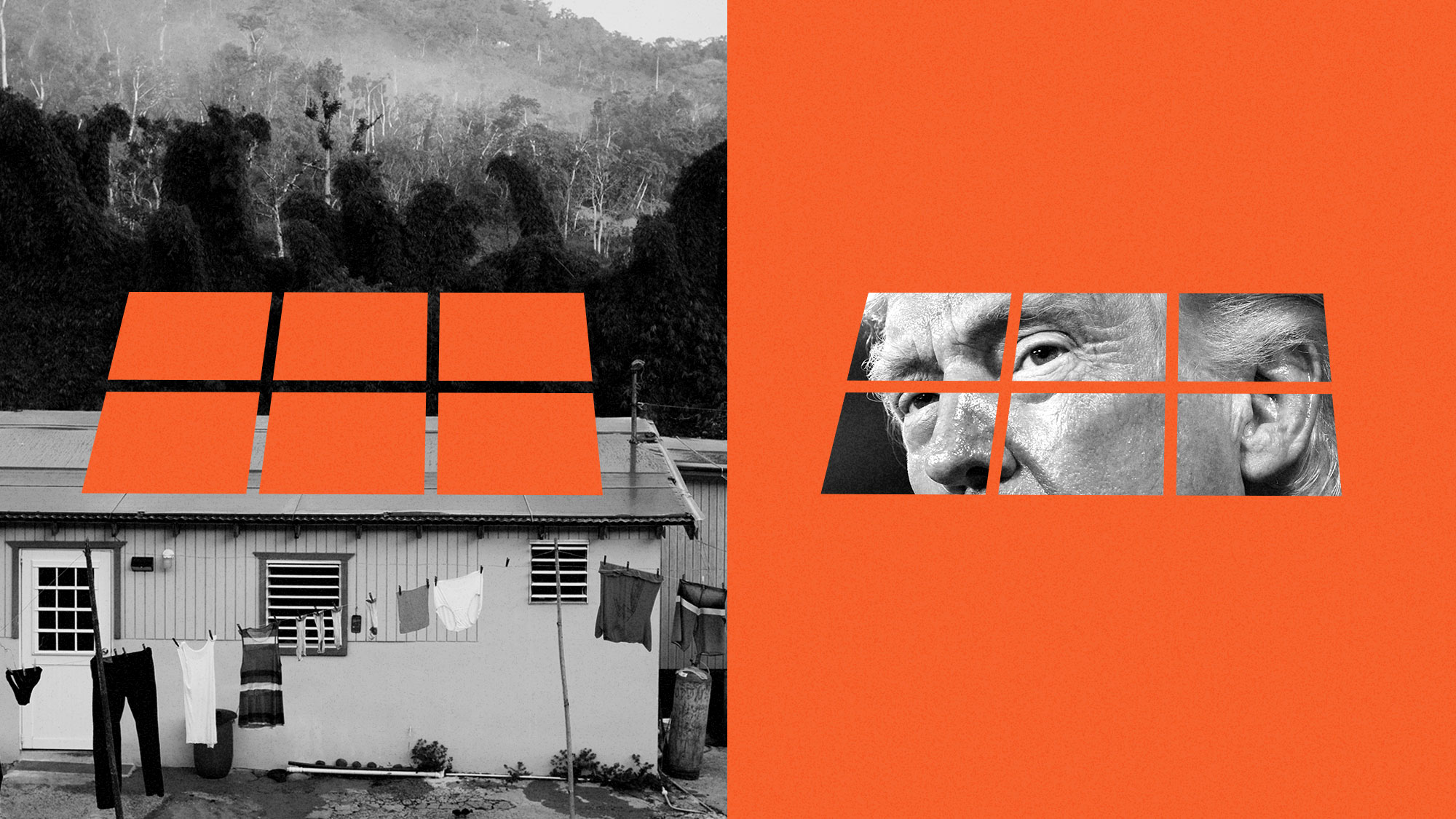 Collage of solar panel cut out and missing from a Puerto Rican rooftop on the left, with photo of Trump filling in the shape of a solar panel on the right