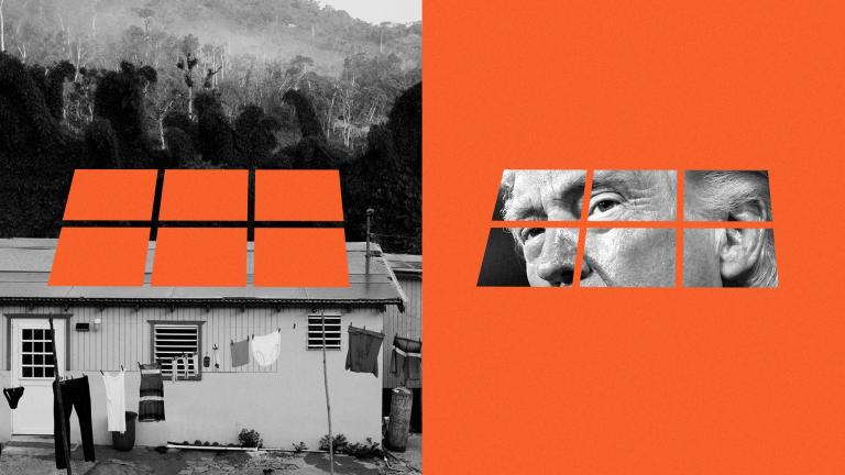 Collage of solar panel cut out and missing from a Puerto Rican rooftop on the left, with photo of Trump filling in the shape of a solar panel on the right