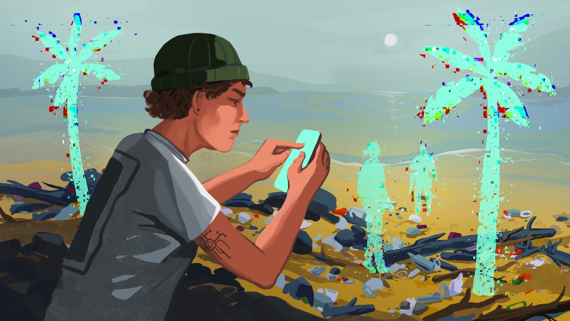 Illustration of a young man in a t-shirt and wool hat sitting on a rock overlooking a dirty, grey beach. He's distracted by a digital device, and digital projections of tropical palm trees appear over the dingy beach.