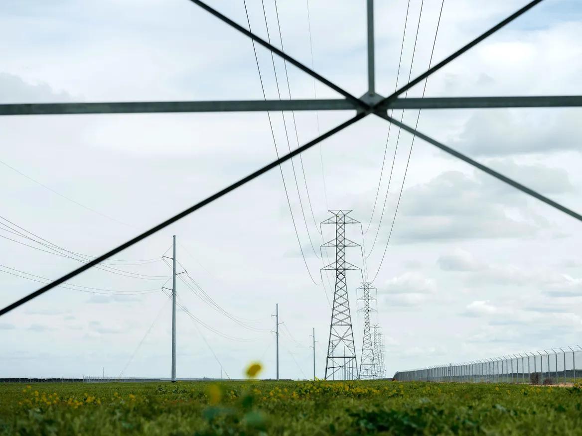 Transmission lines stand in a green field