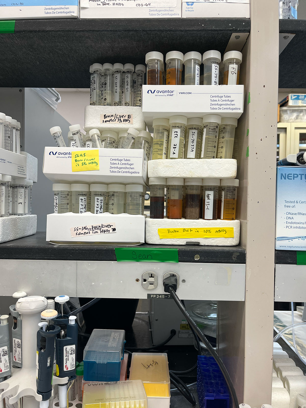 Vials of samples on a shelf
