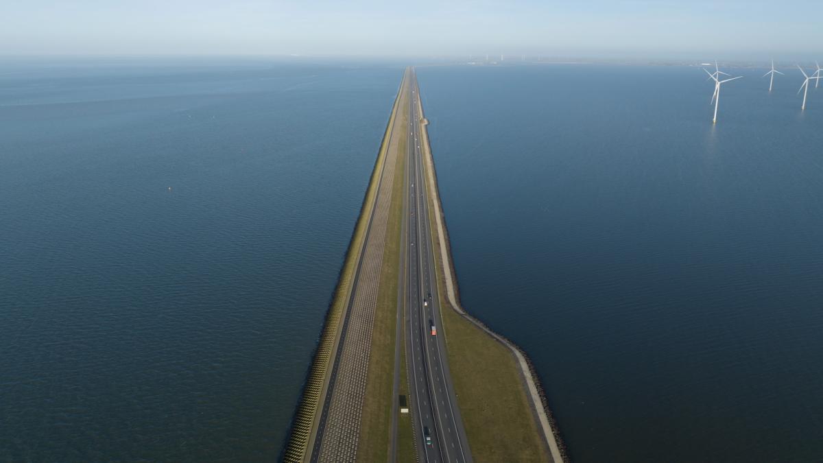 The Afsluitdijk, a causeway between Friesland and North Holland, is seen in an aerial photo taken by a drone.