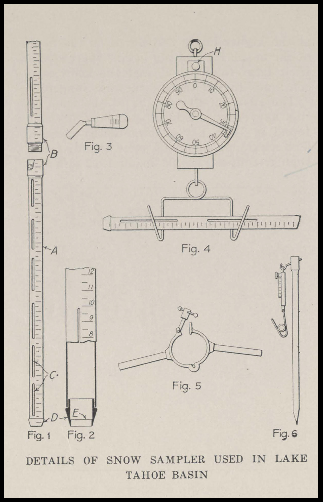 An old blueprint of James Church's snow sampler, which consists of a long metal tube with a serrated bit on the end, and a hand scale for weighing.
