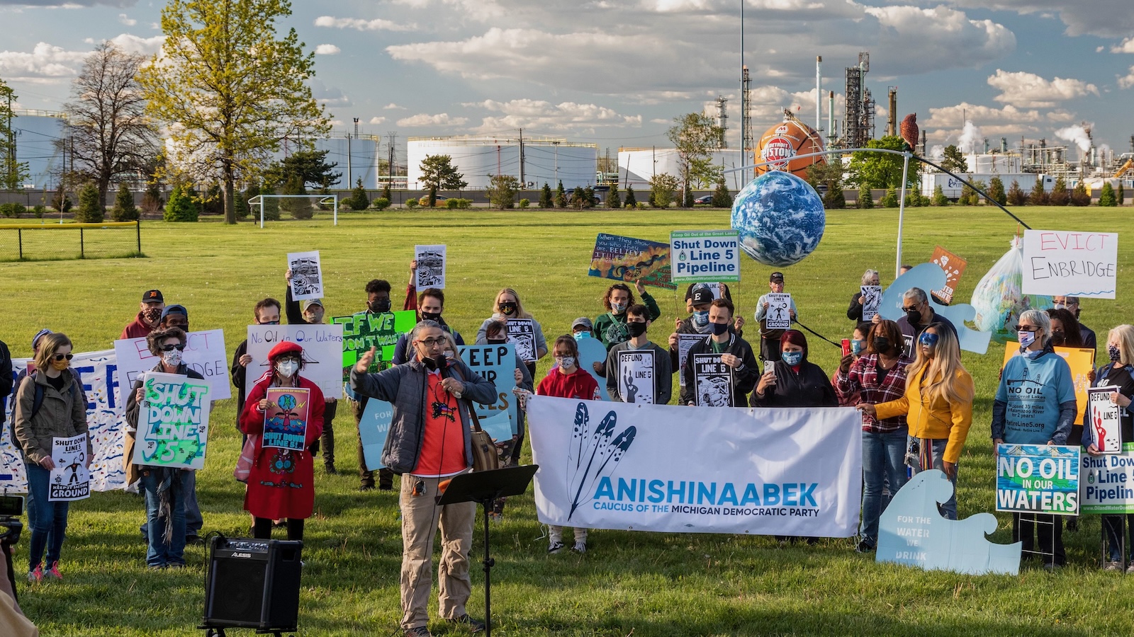 Environmental and Native American activists rally to shut down the Enbridge Line 5 oil pipeline, which runs under the Straits of Mackinac.