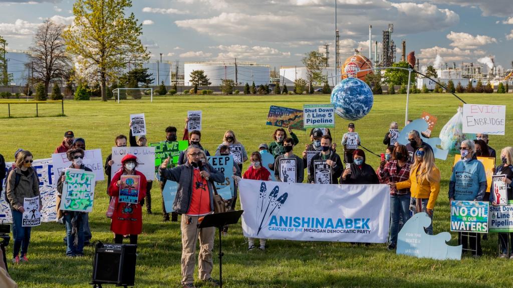 Environmental and Native American activists rally to shut down the Enbridge Line 5 oil pipeline, which runs under the Straits of Mackinac.