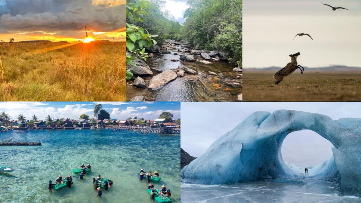 A collage shows five photos of different landscapes around the world