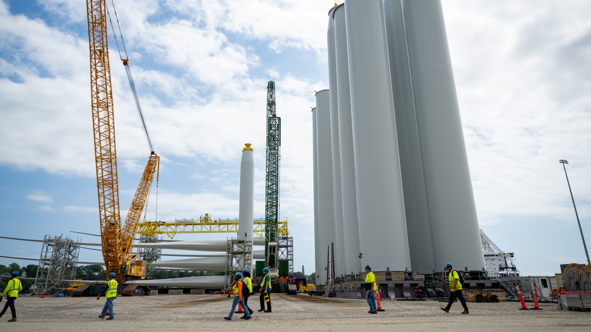 Workers and officials gather at the State Pier in New London on August 25, 2025 to discuss the Trump administration's order to halt construction on Revolution Wind, an offshore wind project that has been in constructions since 2023 and is already 80% completed.
