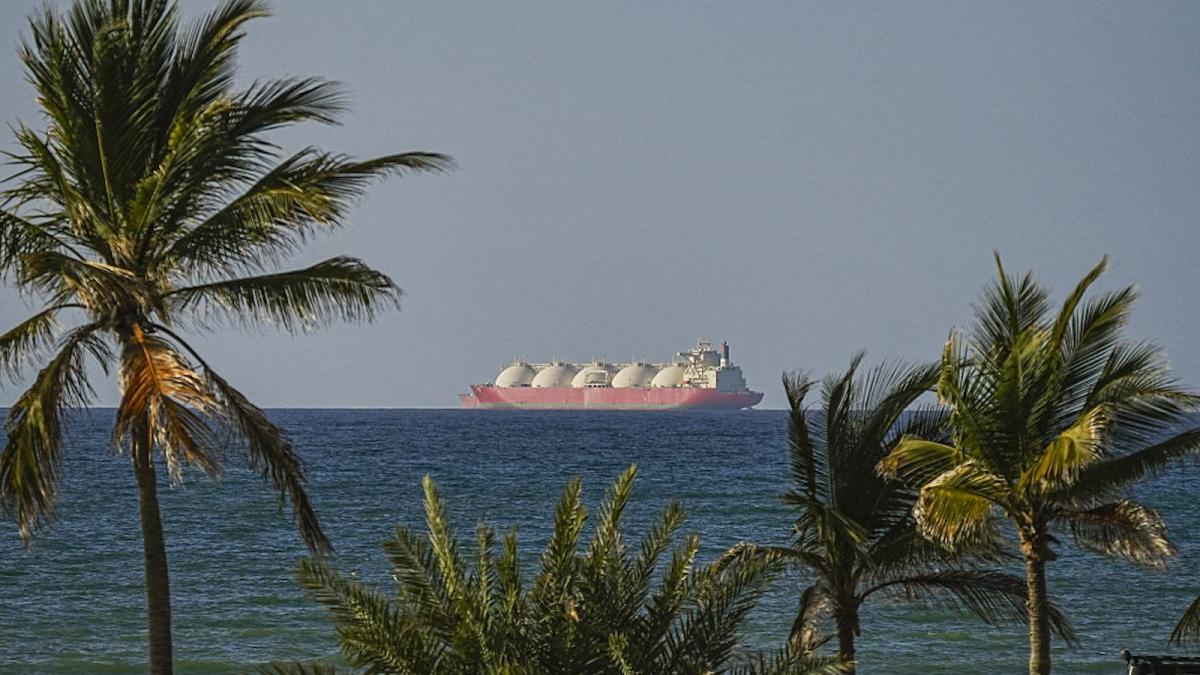 Ship in the distance on the water with palm trees in the foreground