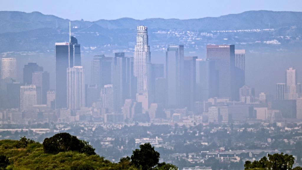 The LA skyline is blotted with brownish smog