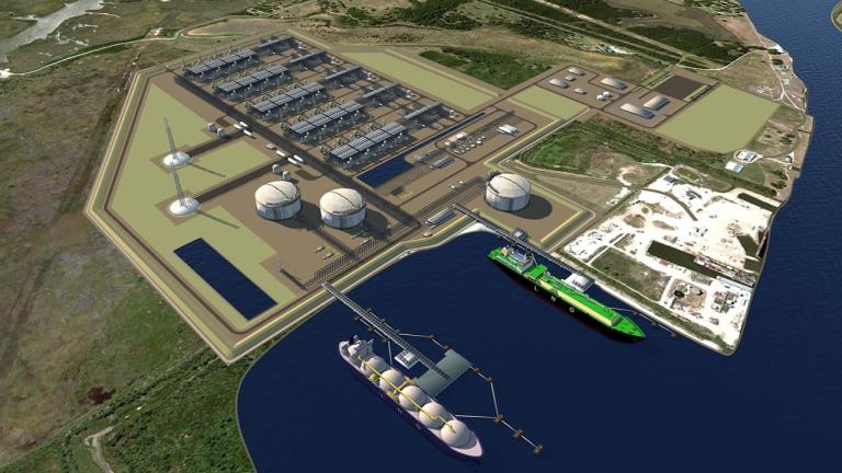 A computer generated rendering of a planned export terminal for liquid natural gas in Louisiana.