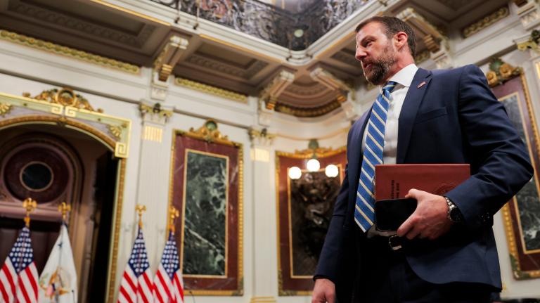 Secretary of Homeland Security Markwayne Mullin arrives for a meeting at the White House in March. Mullin pledged to eliminate his predecessor Kristi Noem's freeze on FEMA disaster spending.