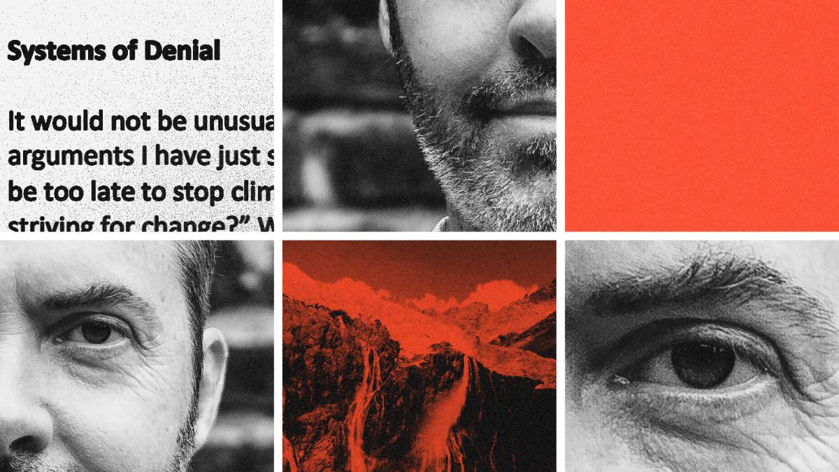 Collage of Jem Bendell, his paper, and photo of a melting glacier