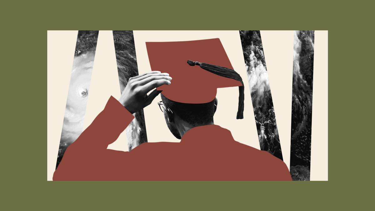 Collage of graduate wearing red cap and gown, looking out toward hurricane imagery