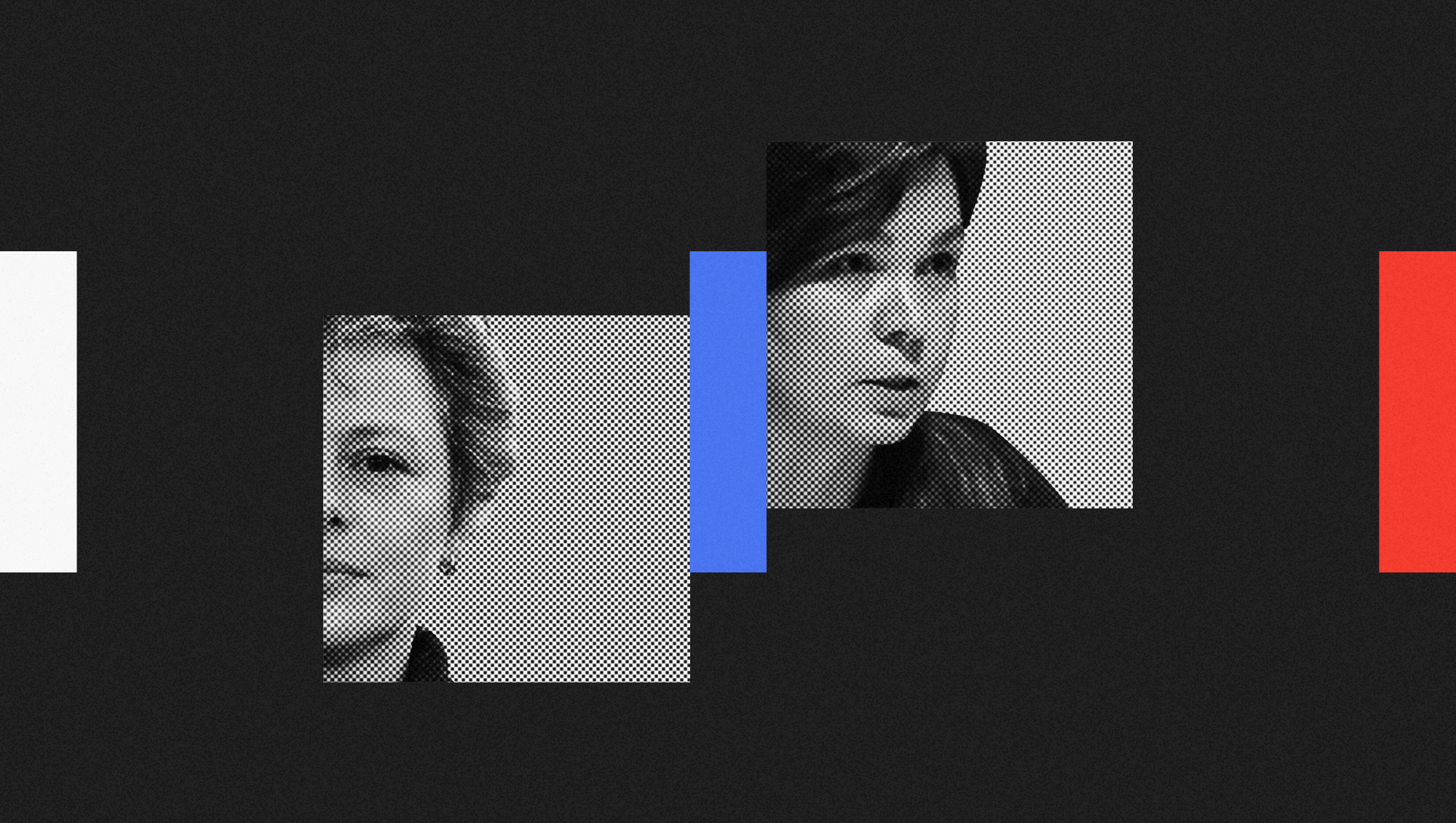 Collage of Natalya Leongardt and Daria Egereva photos between white, blue, and red rectangles