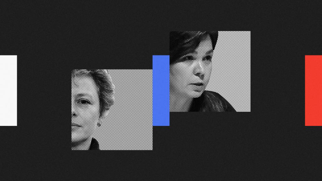 Collage of Natalya Leongardt and Daria Egereva photos between white, blue, and red rectangles