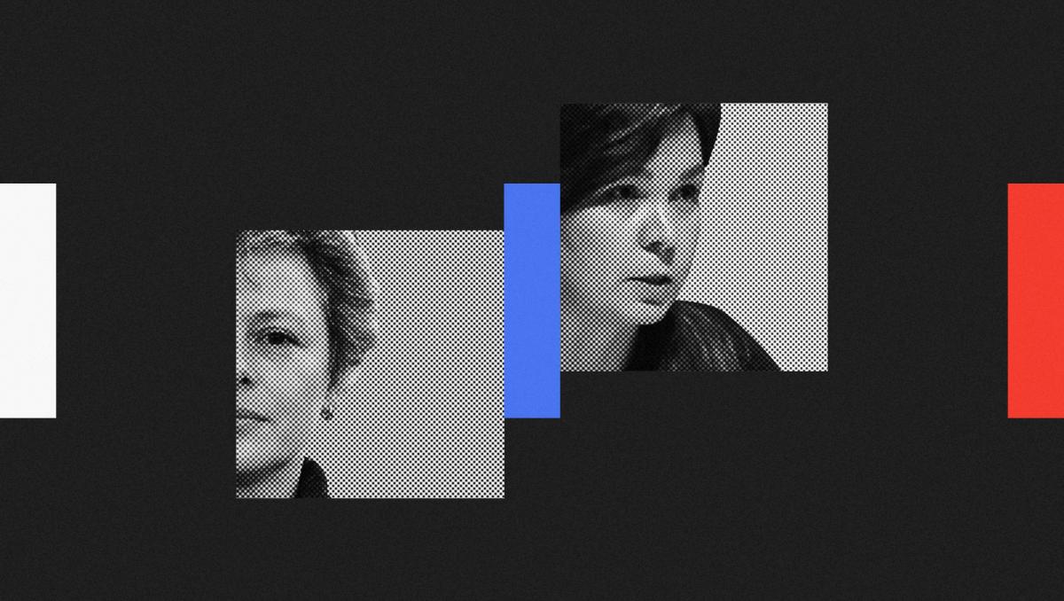 Collage of Natalya Leongardt and Daria Egereva photos between white, blue, and red rectangles