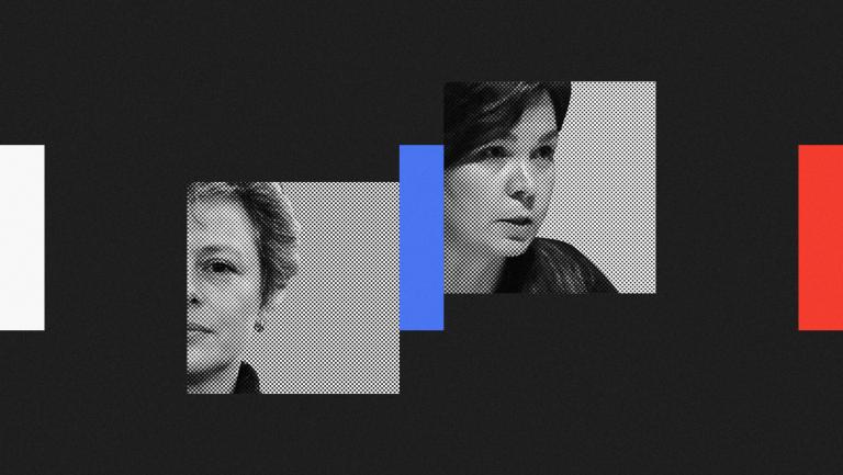 Collage of Natalya Leongardt and Daria Egereva photos between white, blue, and red rectangles