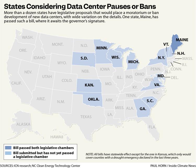 Map of states considering data center pauses or bans