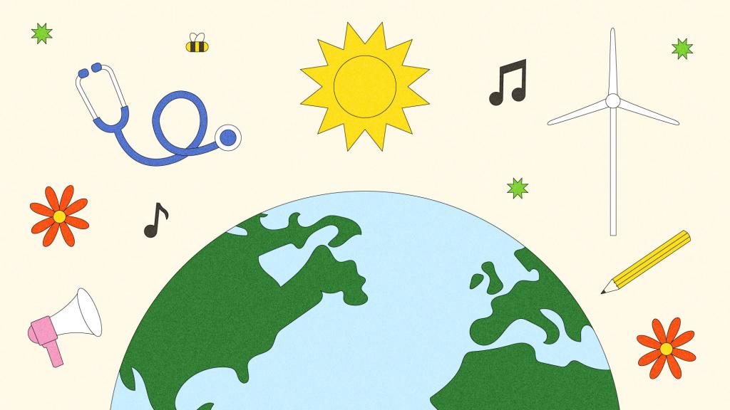 An illustration of an Earth surrounded by symbols like a wind turbine, a stethoscope, and a megaphone